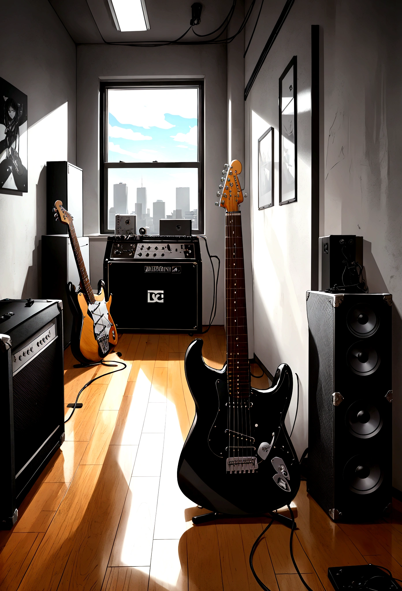 Black Stratocaster guitar and amp on the floor, in a studio room with a town view from the window, DC art style