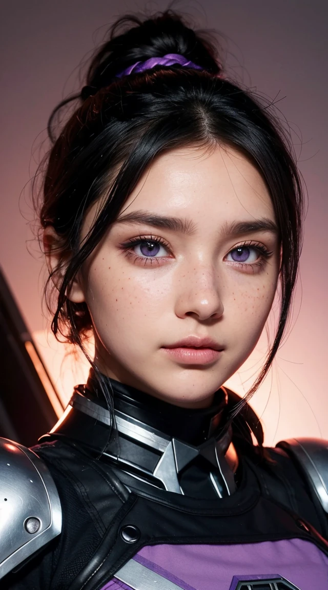 A woman with wavy black hair and purple eyes, Black alien armor, freckles, blush, eye shadow, Cute face