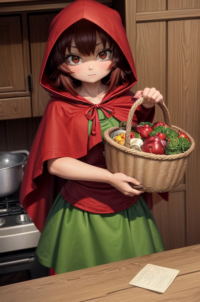 ****************, brown eyes with a red hooded cape and a green dress in a cartoon style mixed with anime. (Inspired by the character Little Red Riding Hood): she is talking to her mother who is wearing a simple pink dress, kitchen scene with a basket on the counter