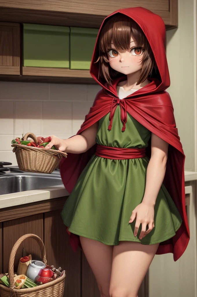 ****************, brown eyes with a red hooded cape and a green dress in a cartoon style mixed with anime. (Inspired by the character Little Red Riding Hood): she is talking to her mother who is wearing a simple pink dress, kitchen scene with a basket on the counter