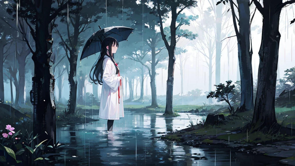 Sea of Trees、Woman standing alone、White clothes、Black Hair、Pitch black、rain、midnight