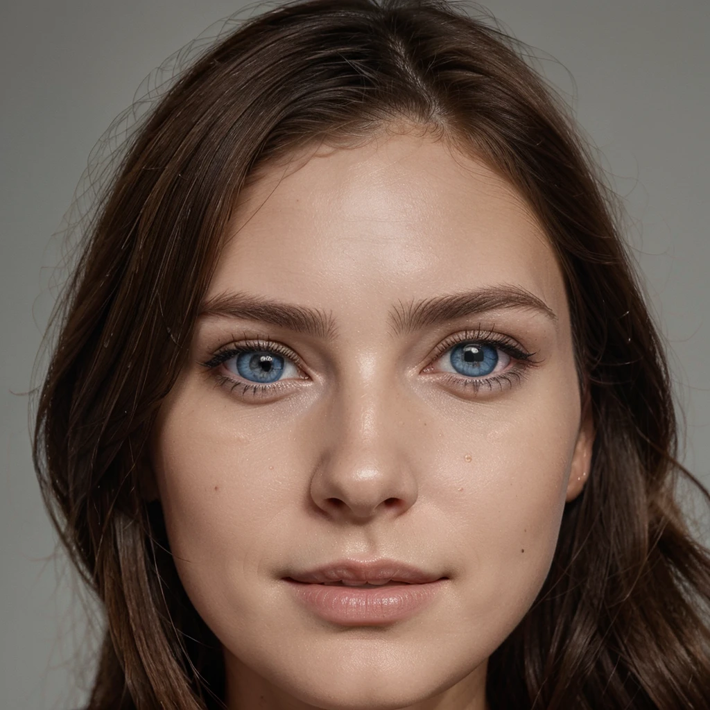 Design a hyperrealistic portrait, straight brown hair, blue eye, happy face, close up of frontal face, les traits fins d’environ 30 ans, le visage fin, les sourcils fins 