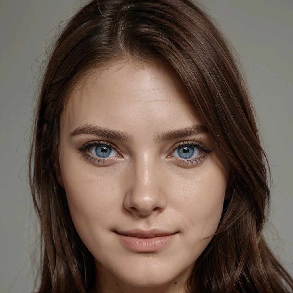 Design a hyperrealistic portrait, straight brown hair, blue eye, happy face, close up of frontal face, les traits fins d’environ 30 ans, le visage fin, les sourcils fins