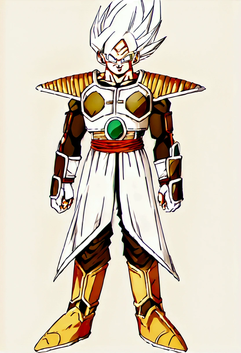 1girl, solo, perfect anatomy, CG:1.9, ultra detailed:1.9, ultra-detailed:1.9, high resolution:1.9, high res:1.9, absurdres:1.9, masterpiece:2, high quality:2, best quality:2, (Create an image of a character wearing Saiyan armor inspired by the Dragon Ball series. The armor should include a chest plate with shoulder guards, wrist guards, and boots, all with a sleek, futuristic design. The chest plate and shoulder guards should be primarily white with black and gold accents. The wrist guards and boots should match)