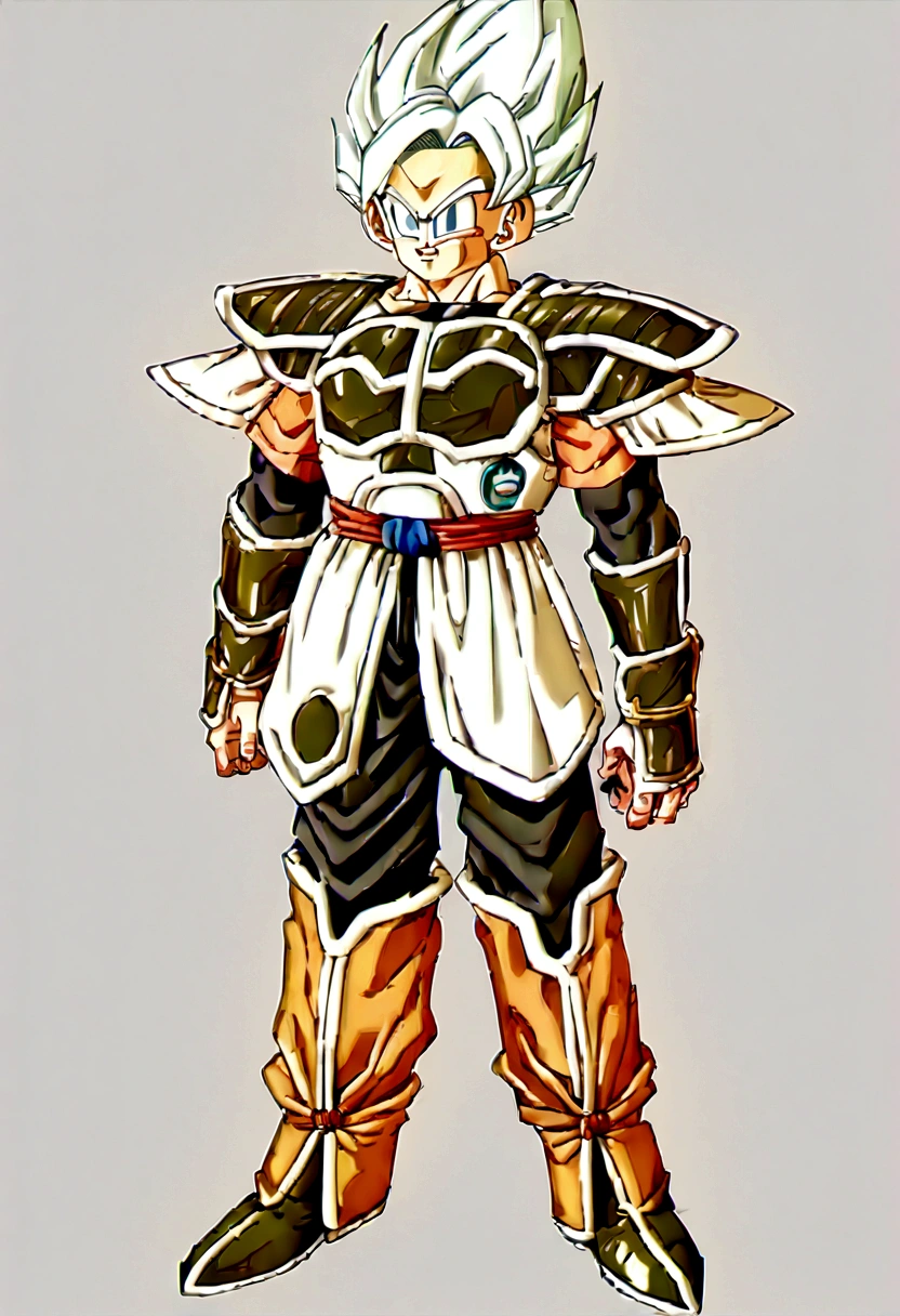 1girl, solo, perfect anatomy, CG:1.9, ultra detailed:1.9, ultra-detailed:1.9, high resolution:1.9, high res:1.9, absurdres:1.9, masterpiece:2, high quality:2, best quality:2, (Create an image of a character wearing Saiyan armor inspired by the Dragon Ball series. The armor should include a chest plate with shoulder guards, wrist guards, and boots, all with a sleek, futuristic design. The chest plate and shoulder guards should be primarily white with black and gold accents. The wrist guards and boots should match)