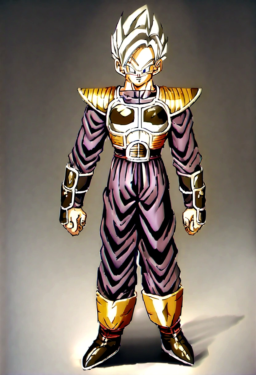 1girl, solo, perfect anatomy, CG:1.9, ultra detailed:1.9, ultra-detailed:1.9, high resolution:1.9, high res:1.9, absurdres:1.9, masterpiece:2, high quality:2, best quality:2, (Create an image of a character wearing Saiyan armor inspired by the Dragon Ball series. The armor should include a chest plate with shoulder guards, wrist guards, and boots, all with a sleek, futuristic design. The chest plate and shoulder guards should be primarily white with black and gold accents. The wrist guards and boots should match)