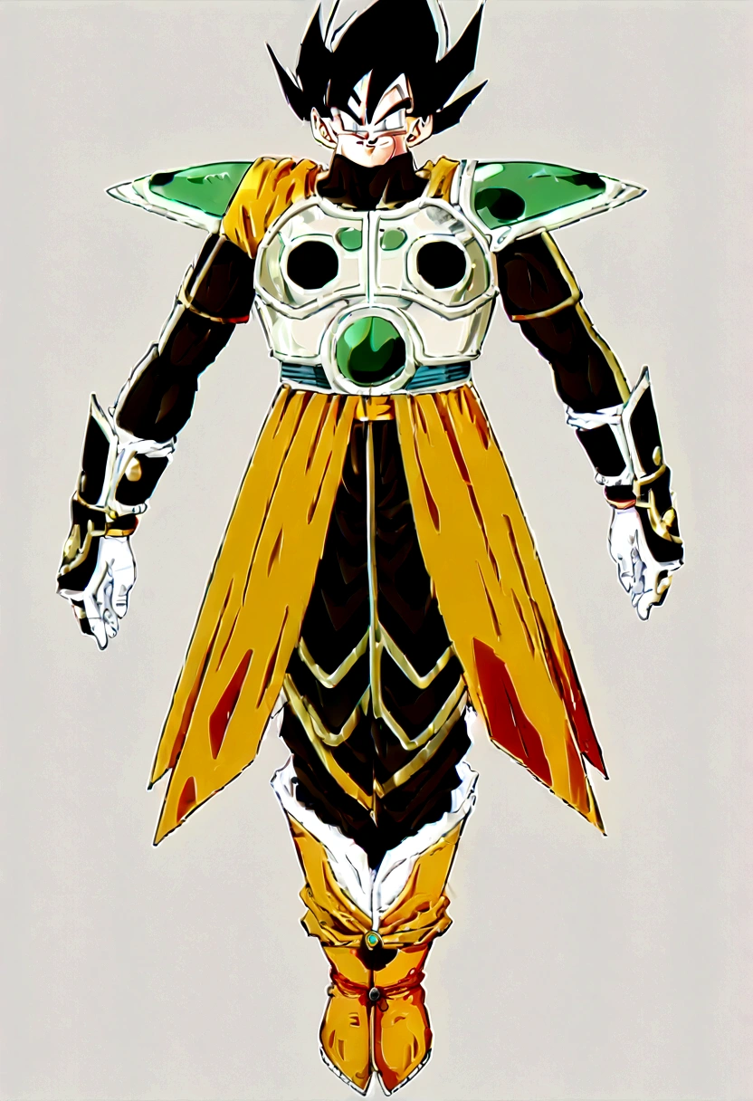 1girl, solo, perfect anatomy, CG:1.9, ultra detailed:1.9, ultra-detailed:1.9, high resolution:1.9, high res:1.9, absurdres:1.9, masterpiece:2, high quality:2, best quality:2, (Create an image of a character wearing Saiyan armor inspired by the Dragon Ball series. The armor should include a chest plate with shoulder guards, wrist guards, and boots, all with a sleek, futuristic design. The chest plate and shoulder guards should be primarily white with black and gold accents. The wrist guards and boots should match)