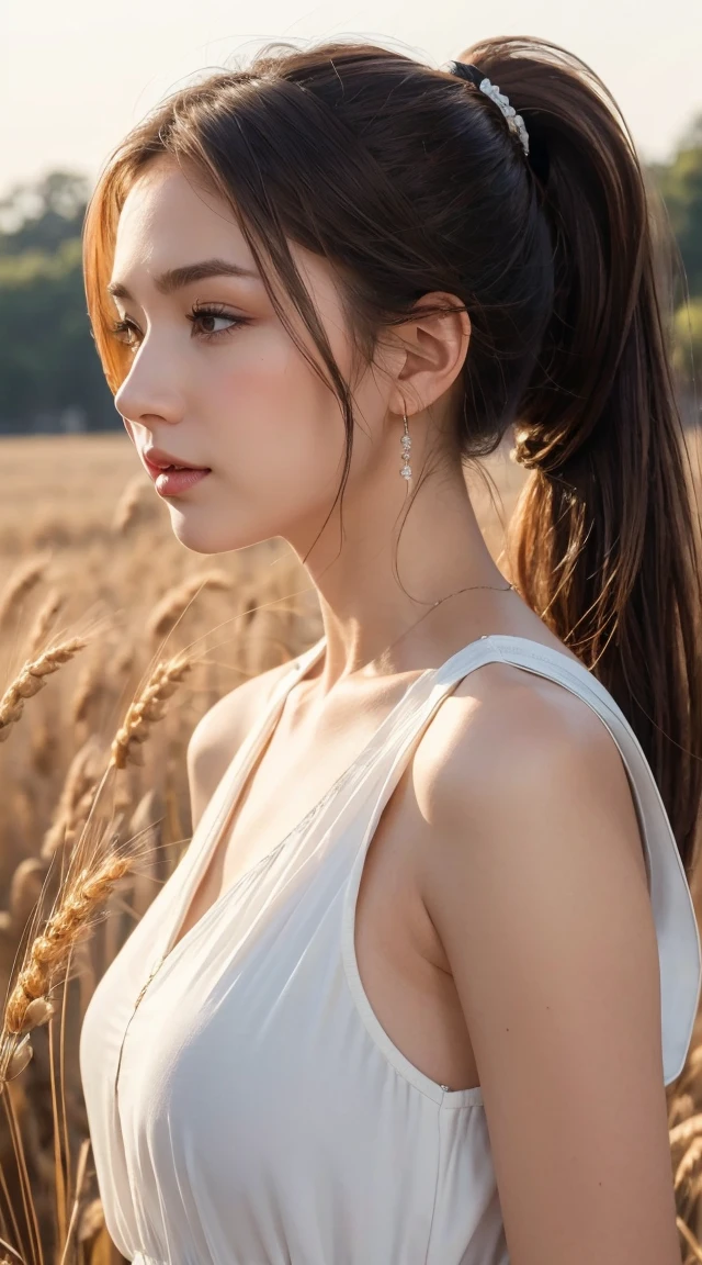 (masterpiece:1.4),, (Highest quality:1.4),, Ultra-high resolution,, 8K, CG,, (Very delicate and beautiful:1.2),, , Upper Body,, From the side,, View your viewers,, , One girl,, alone,, Fashionable Girl,, Mature Girls,, , cute, sweet,, , In the wheat field,, Blurred Background,, , Long brown hair,, ponytail,, , Brown eyes,, Mouth closed,, Red lips,, , Face blown by the wind,, , White Dress,, Medium chest,