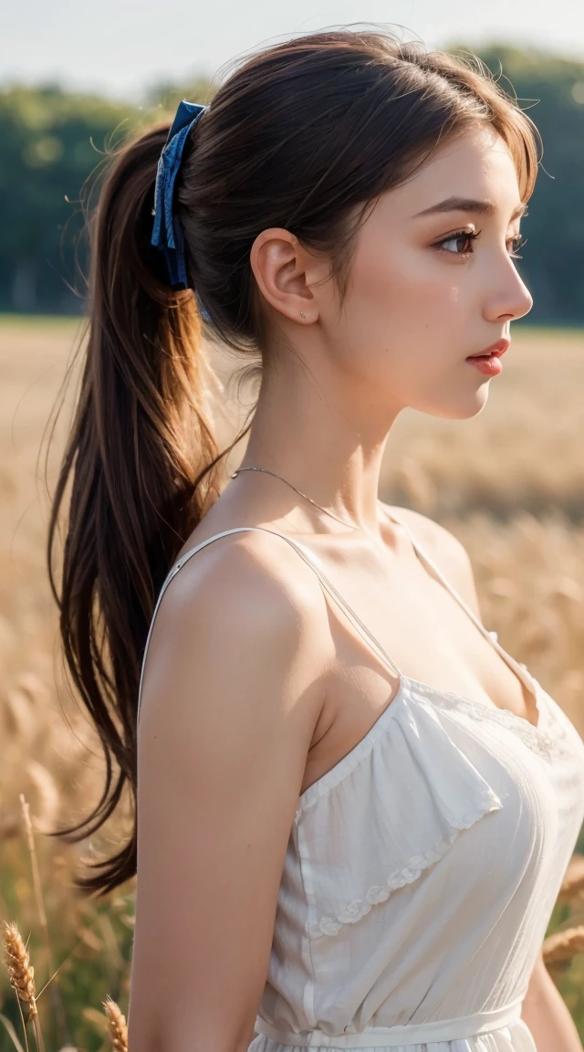 (masterpiece:1.4),, (Highest quality:1.4),, Ultra-high resolution,, 8K, CG,, (Very delicate and beautiful:1.2),, , Upper Body,, From the side,, View your viewers,, , One girl,, alone,, Fashionable Girl,, Mature Girls,, , cute, sweet,, , In the wheat field,, Blurred Background,, , Long brown hair,, ponytail,, , Brown eyes,, Mouth closed,, Red lips,, , Face blown by the wind,, , White Dress,, Medium chest,
