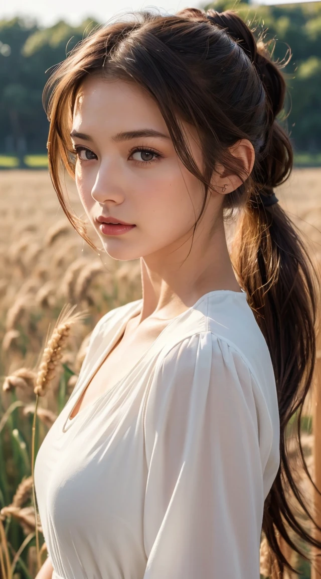 (masterpiece:1.4),, (Highest quality:1.4),, Ultra-high resolution,, 8K, CG,, (Very delicate and beautiful:1.2),, , Upper Body,, From the side,, View your viewers,, , One girl,, alone,, Fashionable Girl,, Mature Girls,, , cute, sweet,, , In the wheat field,, Blurred Background,, , Long brown hair,, ponytail,, , Brown eyes,, Mouth closed,, Red lips,, , Face blown by the wind,, , White Dress,, Medium chest,