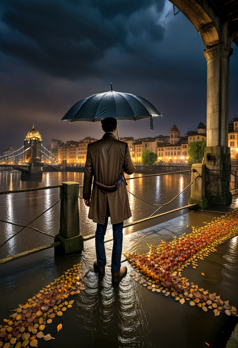 (Umbrella, rain), a traveler standing on a bridge alone, holding an umbrella tightly in his hand. Under the bridge, river water flows, and a few fallen leaves float quietly on the water surface. The distant city with dim lights contrasts sharply with his loneliness. The background of the picture is a city with dim lights, and the camera is a panoramic view, showcasing the overall picture, (panoramic view), Photography, award-winning, cinematic still, emotional, vignette, dynamic, vivid, (masterpiece, best quality, Professional, perfect composition, very aesthetic, absurdres, ultra-detailed, intricate details:1.3)