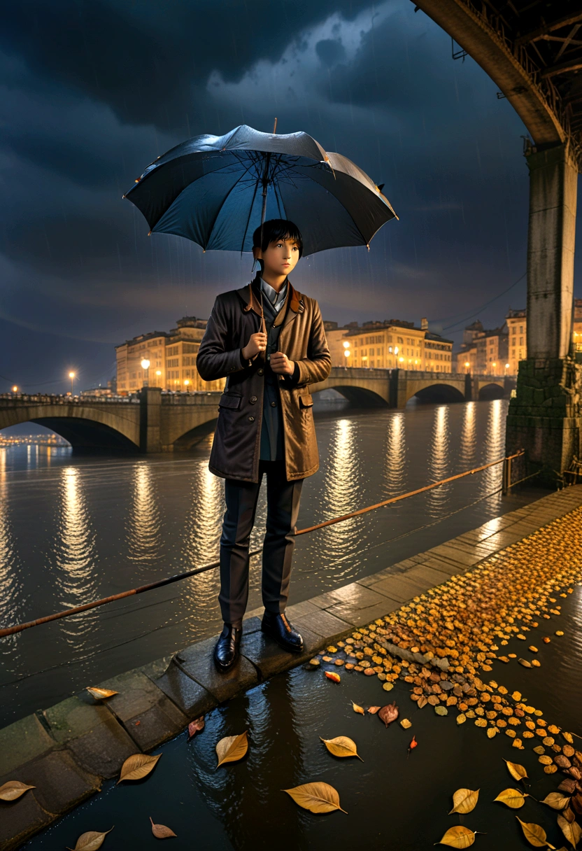 (Umbrella, rain), a traveler standing on a bridge alone, holding an umbrella tightly in his hand. Under the bridge, river water flows, and a few fallen leaves float quietly on the water surface. The distant city with dim lights contrasts sharply with his loneliness. The background of the picture is a city with dim lights, and the camera is a panoramic view, showcasing the overall picture, (panoramic view), Photography, award-winning, cinematic still, emotional, vignette, dynamic, vivid, (masterpiece, best quality, Professional, perfect composition, very aesthetic, absurdres, ultra-detailed, intricate details:1.3)