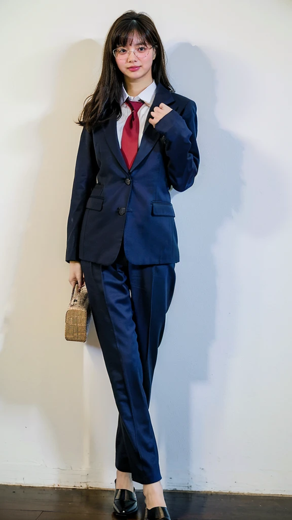 (8k、RAW Photos、highest quality、masterpiece:1.2)、(Realistic、Realistic)、1 girl、((large size black suit、red tie、rub my chest、pants suit、turn knees out、pelvic forward、over size suit、Woman grabs her own breasts、boyish、tom boy、public indecency、bend knees、 sexy suit、mens suit、large suit、hutanari 、grabbing breasts、 Leg spread、Bow-legged、Touching as if groping the breasts、Wide Stride、Leg spread、smile、plastic frame eyewear、sexy、I can see your chest、View from the front、Stand with hands on hips、In the city))、