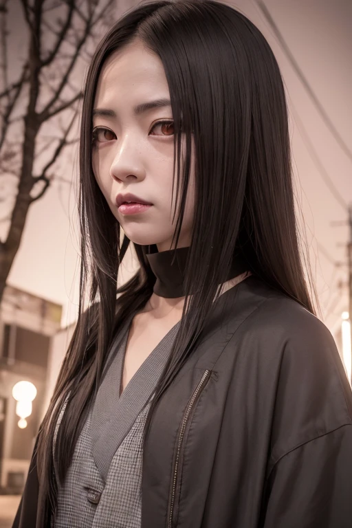Create a terrifying image of Kuchisake-onna, a Japanese urban legend. Depict a woman with long, straight black hair and a haunting, pale face. Her mouth is grotesquely slit from ear to ear, revealing a sinister, unnaturally wide smile with sharp teeth. She wears a traditional Japanese outfit, slightly tattered and dirty, under a dim, eerie streetlight. The background is a deserted urban street at night, shrouded in mist and shadows, enhancing the overall sense of dread and fear. Ensure the atmosphere is dark and unsettling, with a focus on her chilling expression and the unnatural slit of her mouth.