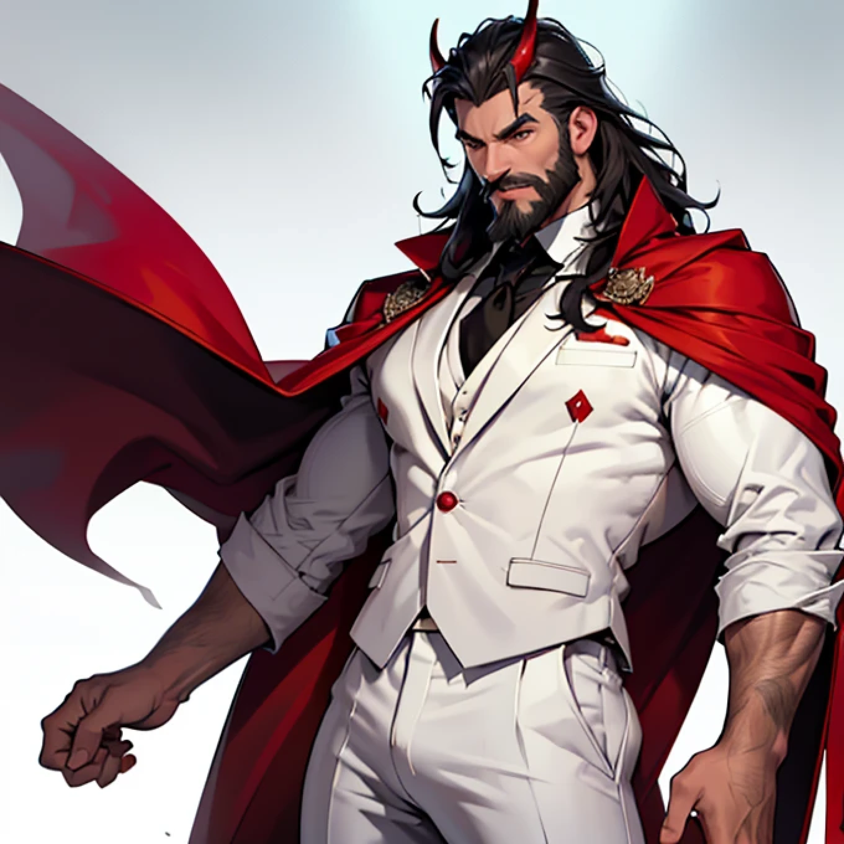 (((1boy))) (male) ((front view)) ((facing viewer))
Dominant look, mustache and beard, very detailed flawless face, detailed open red eyes, dominant serious look, daddy look, age 40s, epic, heroic, pale skin, shaved.
(muscular) bodybuilder, ((big muscles)), ((large pectorals)), narrow waist, ((Very, medium long hair, red and black gradient)),
Serious smile, Realistic face, realistic eyes, topless, mismatched pupils, Swear,
((((Wearing a white fit tuxedo and pants with little bit red, dark red fur long cape)))), illidan, dragon horns, full body, muscular legs, beefy ass, fender,
Highly detailed art, dramatic volumetric light, artstation, beautiful modern illustration, ((anatomically correct)), solo, bulge, anatomically correct clothes, UHD, detailed