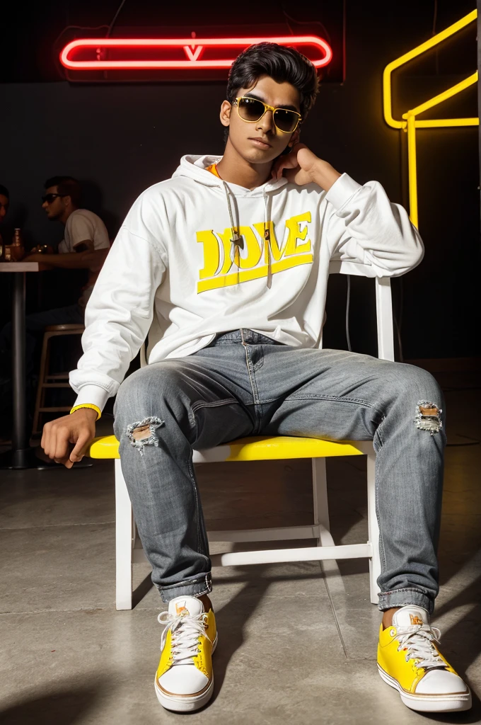 21 years old Indian four best friend sitting casually on a white chair. Wearing sneakers, and sunglasses, he looke ahead The boy (D ,A , B, C) are written in Yellow and Red neon light in the background, the background is dark gray