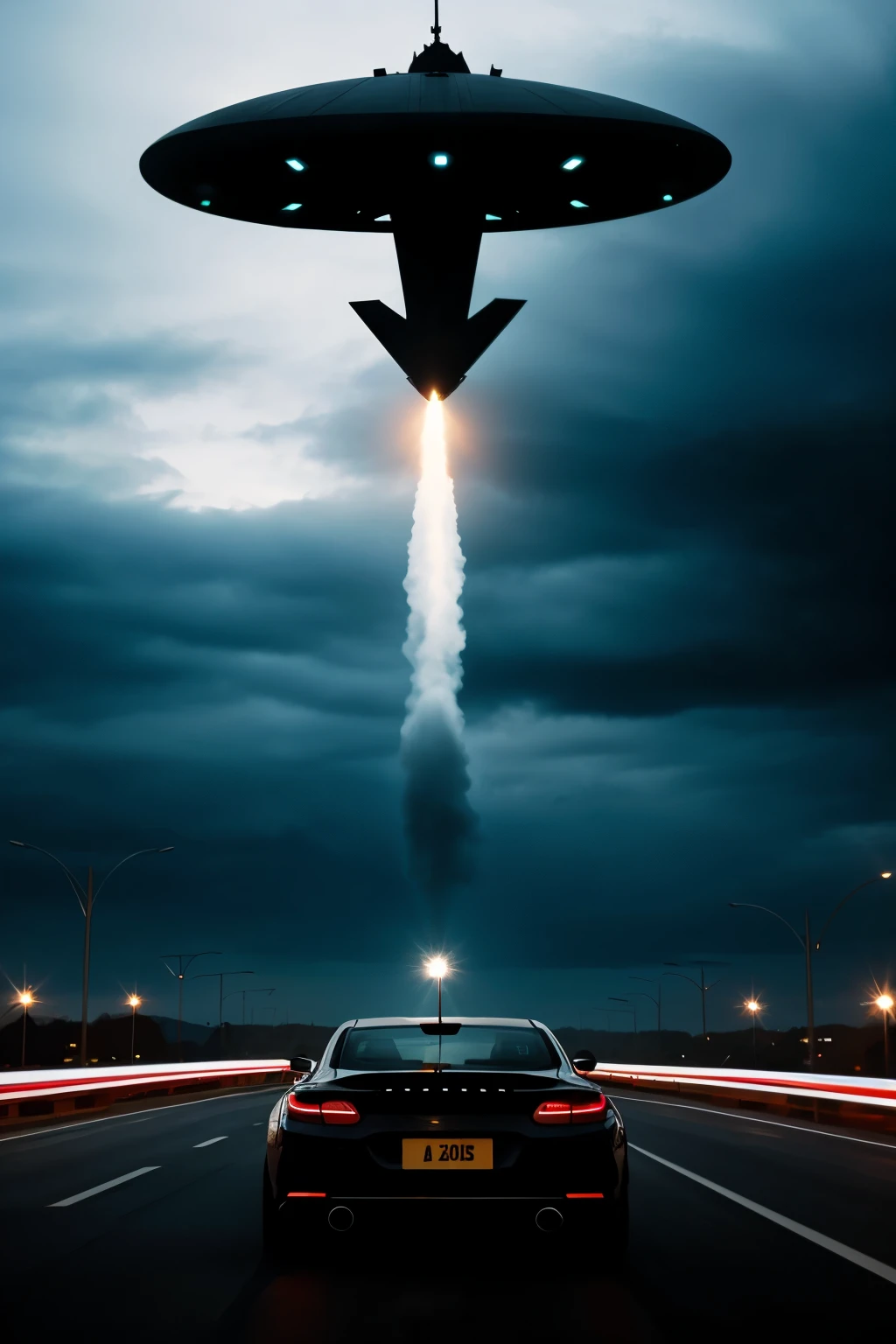 Generate an image based on the title "the abduction", an alien ship arrives, and abducts a car