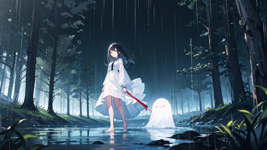 Sea of Trees、The ghost of a woman standing alone、White clothes、Black Hair、Pitch black、rain、midnight