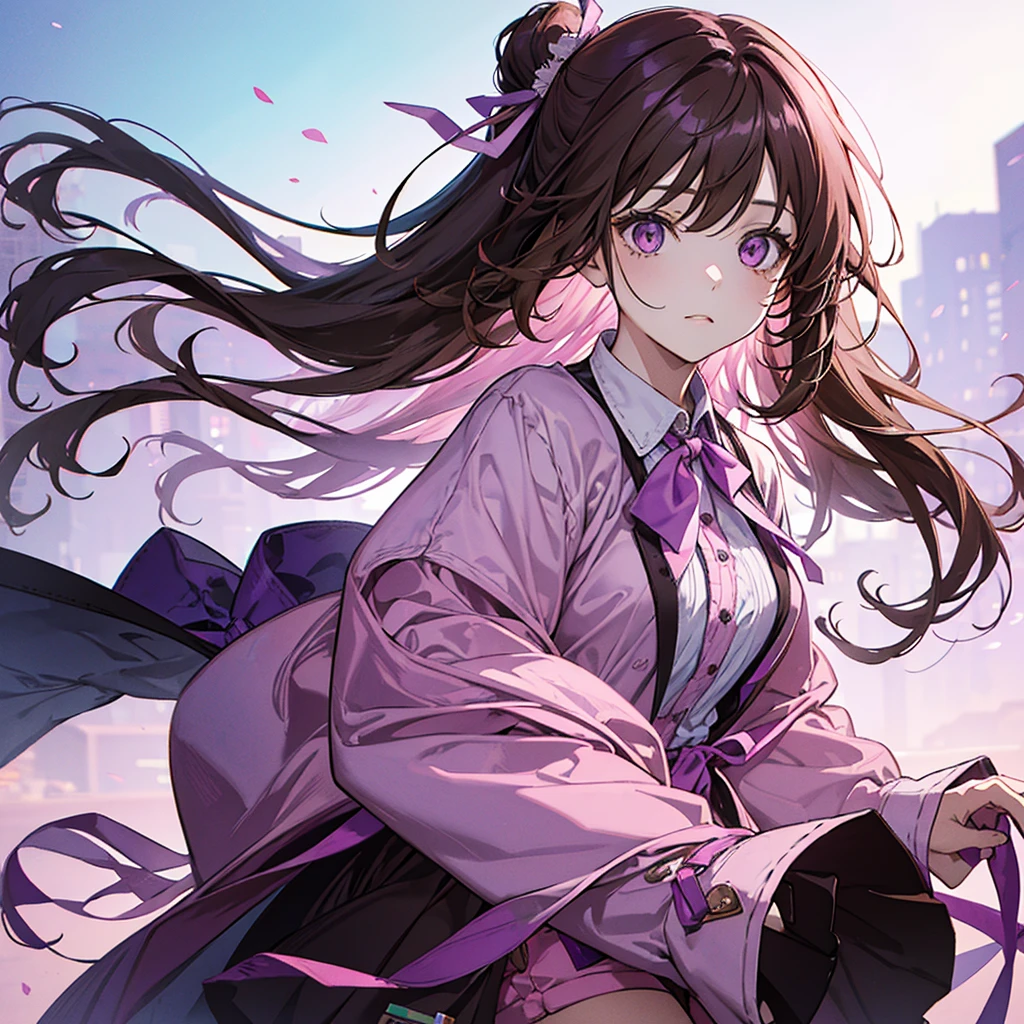 A Girl with long brown hair tied at the back with pink and purple ribbons, wearing a pink shirt with a collar and long sleeves. Wearing loose shorts She is cute