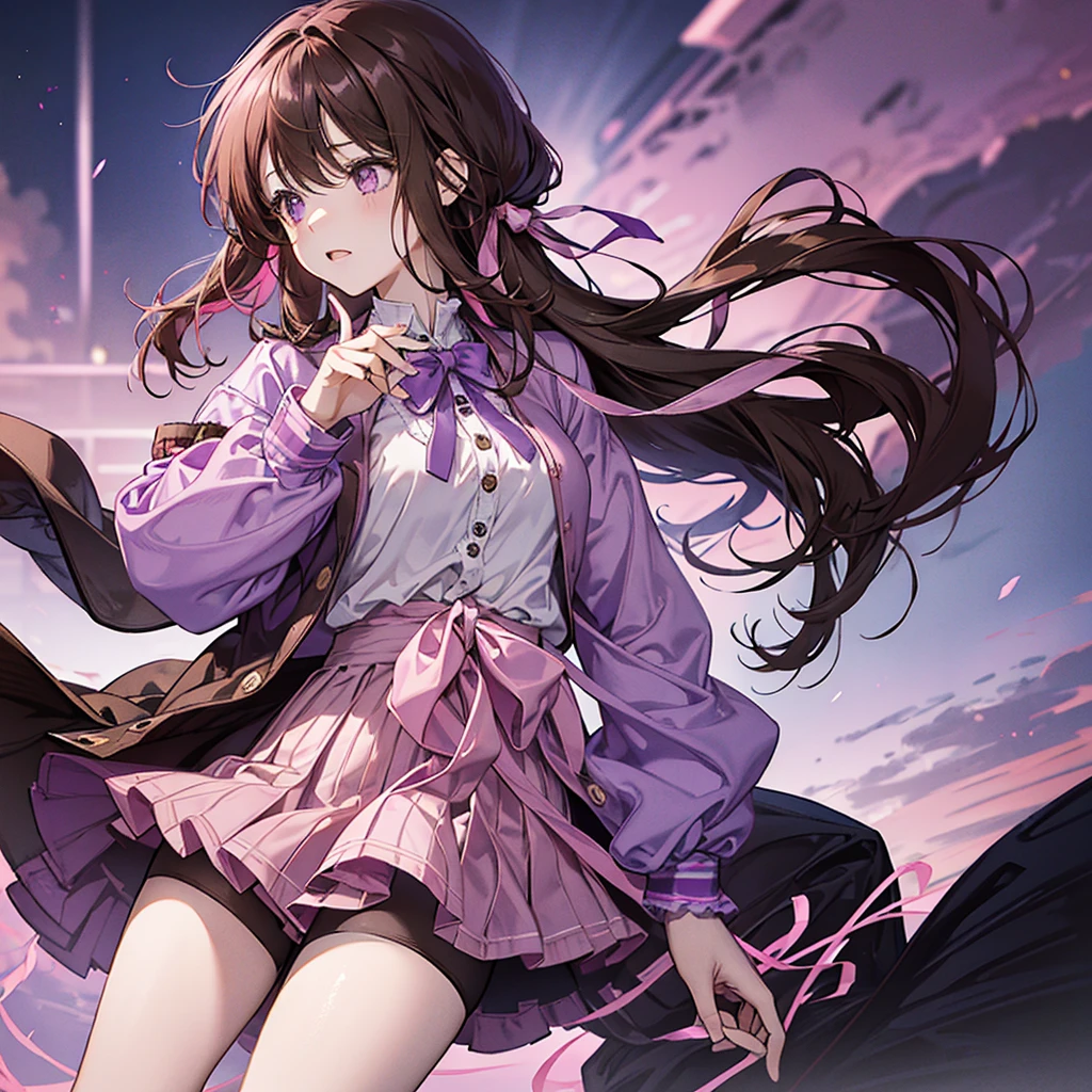 A Girl with long brown hair tied at the back with pink and purple ribbons, wearing a pink shirt with a collar and long sleeves. Wearing loose shorts She is cute