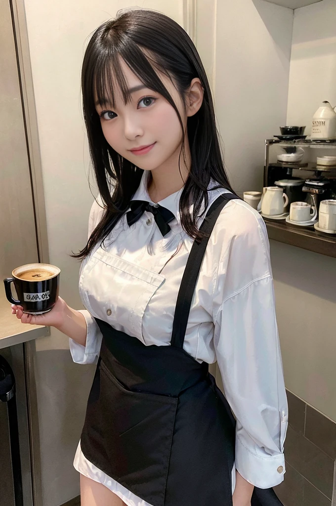 masterpiece, best quality, photorealistic, raw photo, DSLR, 15-year-old beautiful Japanese girl, shiny fair skin, realistic beautiful no makeup face, realistic beautiful bright eyes, double eyelids, look at viewer, smiling, highest detailed shiny black short hair and bangs, disheveled hair, slim figure, slim face, slim waist, big breasts, ((black cafe clerk clothes, black apron, work in cafe, drip coffee)), realistic lighting and shadows, depth of fields, highest delicate and beautiful photo, ultra high resolution, 8k UHD wallpaper,