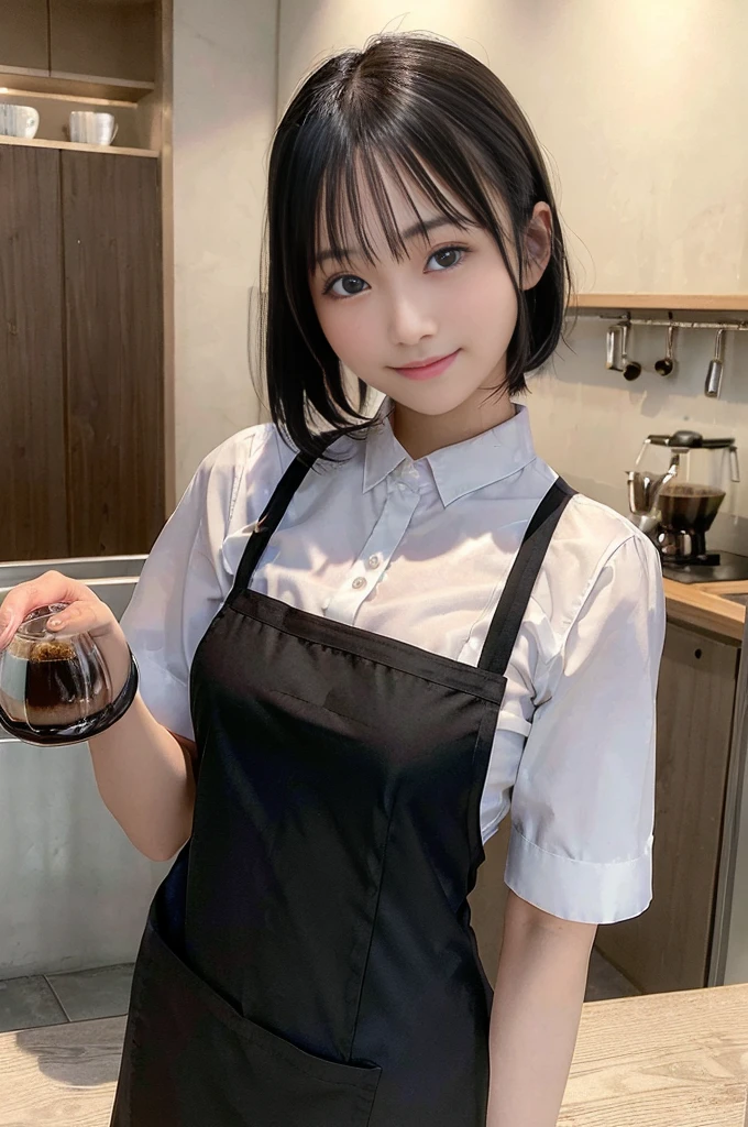 masterpiece, best quality, photorealistic, raw photo, DSLR, 15-year-old beautiful Japanese girl, shiny fair skin, realistic beautiful no makeup face, realistic beautiful bright eyes, double eyelids, look at viewer, smiling, highest detailed shiny black short hair and bangs, disheveled hair, slim figure, slim face, slim waist, big breasts, ((black cafe clerk clothes, black apron, work in cafe, drip coffee)), realistic lighting and shadows, depth of fields, highest delicate and beautiful photo, ultra high resolution, 8k UHD wallpaper,