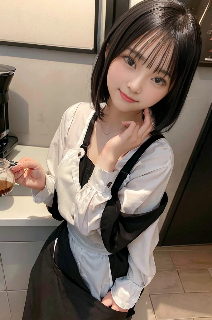 masterpiece, best quality, photorealistic, raw photo, DSLR, 15-year-old beautiful Japanese girl, shiny fair skin, realistic beautiful no makeup face, realistic beautiful bright eyes, double eyelids, look at viewer, smiling, highest detailed shiny black short hair and bangs, disheveled hair, slim figure, slim face, slim waist, big breasts, ((black cafe clerk clothes, black apron, work in cafe, drip coffee)), realistic lighting and shadows, depth of fields, highest delicate and beautiful photo, ultra high resolution, 8k UHD wallpaper,