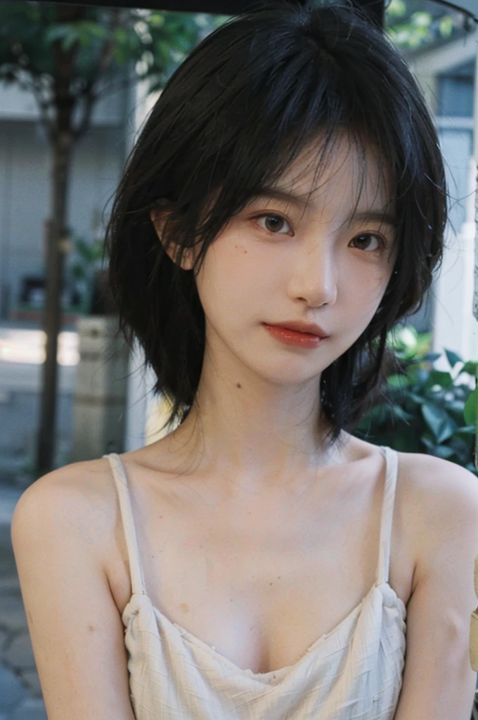 (Skin details:1.4), (smooth skin textures:1.3), Lipstick, background, Direct vision, earrings, serene, calm, (Realistic and detailed eyes:1.2), (Large Breasts:1.0),Natural skin texture, Realistic facial details, Soft dramatic lighting, Vivid details, 35 mm film, outdoor, (Photo Practical:1.4), (hyper Practical:1.4), (Practical:1.3), (Smoother lighting:1.05), (Improve lighting quality:0.9), (Highest quality real skin textures:1.4), Exquisite eyes, Delicate face, Close-up of face, (Enhance the beauty of skin texture:1.1), Hair details, model,normal body ratio, short hair, Moles under the eyes, A faint smile,公园background,Portrait Photography, Depth of Field, Bokeh, Surrealism, Ray Tracing, (Portrait Photography:1.1), Surrealism, High Detail, Chiaroscuro, Ray Tracing, reflected light, Ultra HD, Ultra HD, masterpiece, Textured Skin, Super Detail, High Detail, high quality, best quality