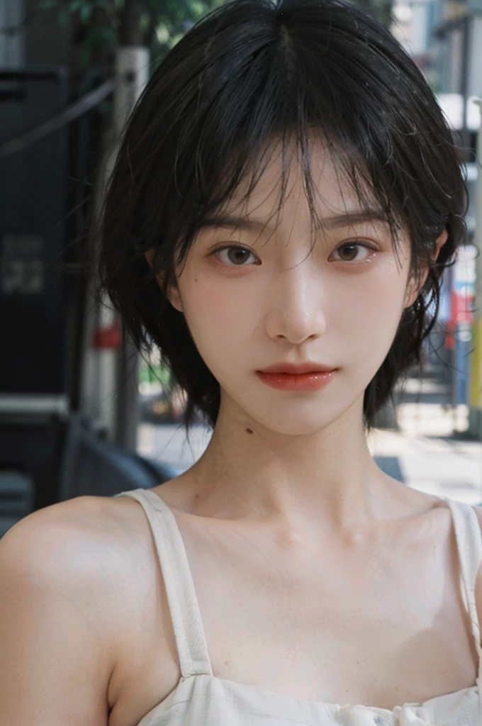 (Skin details:1.4), (smooth skin textures:1.3), Lipstick, background, Direct vision, earrings, serene, calm, (Realistic and detailed eyes:1.2), (Large Breasts:1.0),Natural skin texture, Realistic facial details, Soft dramatic lighting, Vivid details, 35 mm film, outdoor, (Photo Practical:1.4), (hyper Practical:1.4), (Practical:1.3), (Smoother lighting:1.05), (Improve lighting quality:0.9), (Highest quality real skin textures:1.4), Exquisite eyes, Delicate face, Close-up of face, (Enhance the beauty of skin texture:1.1), Hair details, model,normal body ratio, short hair, Moles under the eyes, A faint smile,公园background,Portrait Photography, Depth of Field, Bokeh, Surrealism, Ray Tracing, (Portrait Photography:1.1), Surrealism, High Detail, Chiaroscuro, Ray Tracing, reflected light, Ultra HD, Ultra HD, masterpiece, Textured Skin, Super Detail, High Detail, high quality, best quality