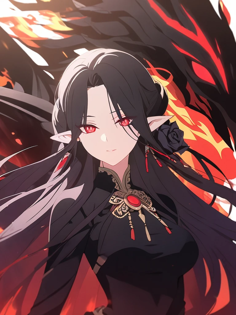 1woman, seriously, elf, dark god, fire black hair, longest hairstyle, glowing red eyes, black rose, black Knight, elegant, traditional thai costume,