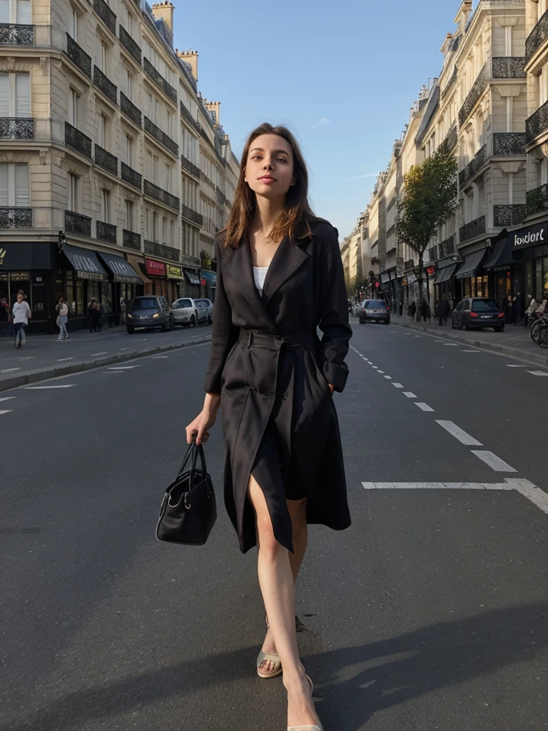influenceuse lignht brown, corps entier, dans la rue à paris. lumiere d'été

