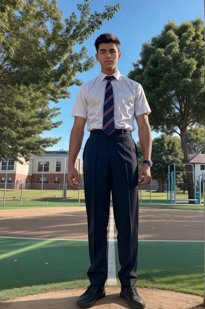 Generate an image of a giant schoolboy standing in the middle of a school playground. The giant schoolboy is wearing a typical , including a white shirt, tie, and dark trousers. Around him, there are several smaller schoolboys, dressed in similar uniforms, who only reach up to his legs. The scene is set on a sunny day with a school building in the background and trees around the playground.