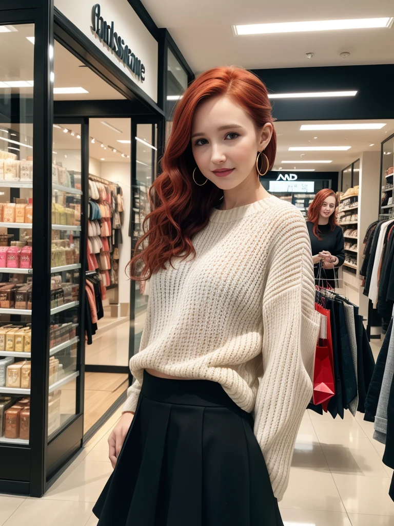 in the picture only a single woman with a head and an anatomically correct body,, a single 16-year-old walks through a modern shopping center , wunderschöne Red-Hairede junge Frau , ponytail, beautiful detaileld face, perfect face, perfect body body, perfect anatomy, wearing nice stylish earrings, Red-Haired (Christa Theret: 1.3), ( Alexia Fast: 1.3), with polymer clay leaf earrings, beautiful colorful earrings,Highly detailed youthful face, proporções perfeitas, ((red hair)), pony tail, curly hair, stylish skirt and top, very detailed, curly short hair, Relaxed smile, 16K, HDR, broad light, high contrast, keen focus, RAW color photo, modern Shoppingcenter, indoor fashionshop