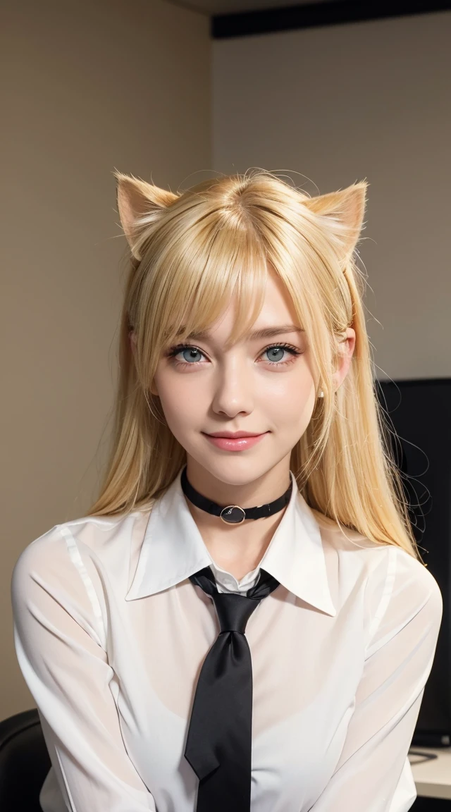 Browsing Caution, masterpiece, (Highest quality:1.2), (Sharp focus:1.2),, 1 Girl, Slim girl,, (blonde|Light_Yellow Hair), Cat ear,, Detailed face, young|Cute face, blush, Wicked Smile,, Natural Breasts, Thin arms,, White collared shirt and black tie, Black Choker,, In a modern office, indoor