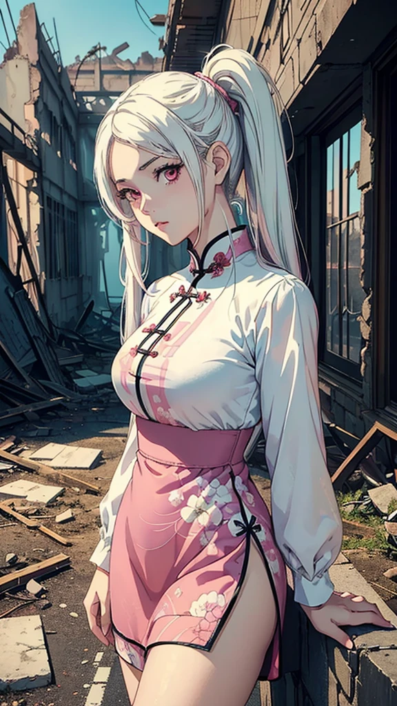 ((masterpiece, best quality)), ((anime girl in the ruins, retro style)) (1girl, mature), (solo, half body), (female focus, mature girl), (white hair, twintail hair),pink eyes, detailed eye, ((qipao clothing)), portraits, dramatic lighting, retro color