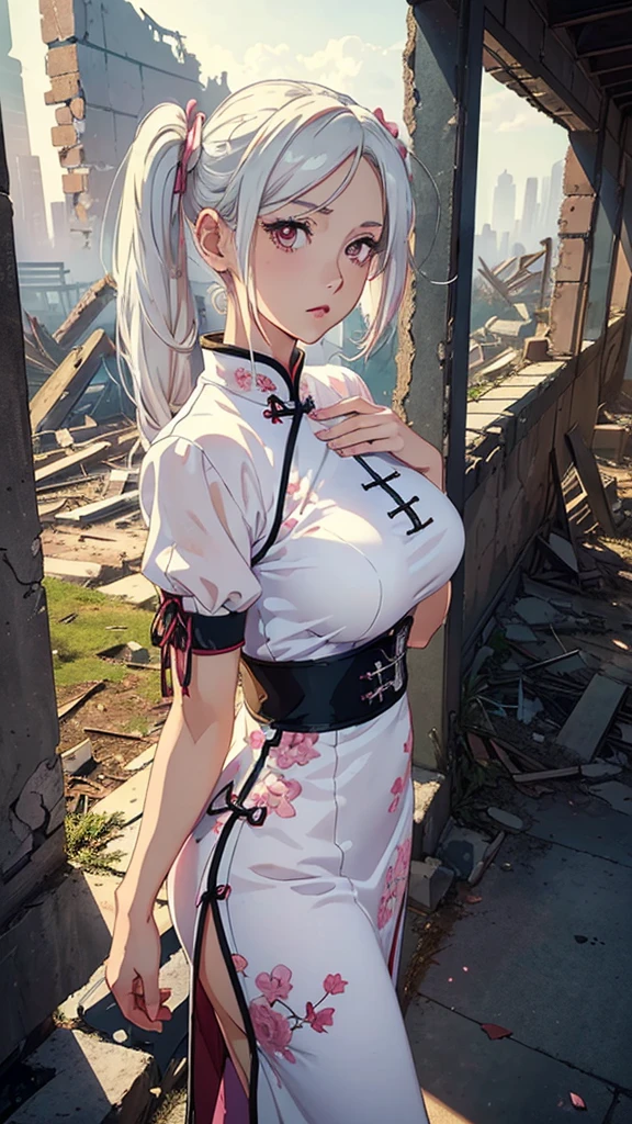 ((masterpiece, best quality)), ((anime girl in the ruins, retro style)) (1girl, mature), (solo, half body), (female focus, mature girl), (white hair, twintail hair),pink eyes, detailed eye, ((qipao clothing)), portraits, dramatic lighting, retro color
