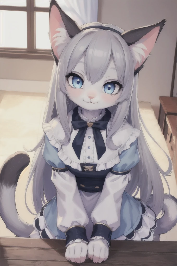 (hi res), ((masterpiece)) , ((best quality)), illustration, furry,
cat, animal ears, tail, bodyfur, 1girl, POV, upper body, 1girl, solo, long hair, gray hair, *//*, blue eye, *//*, white blouse, looking at viewer, smile,