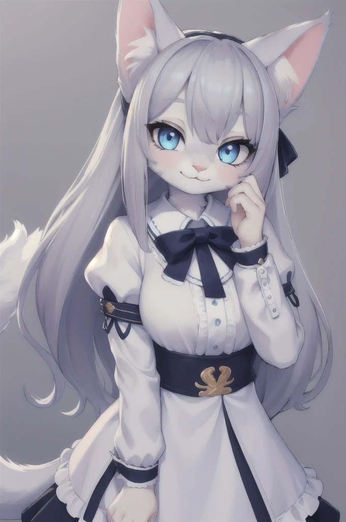 (hi res), ((masterpiece)) , ((best quality)), illustration, furry,
cat, animal ears, tail, bodyfur, 1girl, POV, upper body, 1girl, solo, long hair, gray hair, *//*, blue eye, *//*, white blouse, looking at viewer, smile,