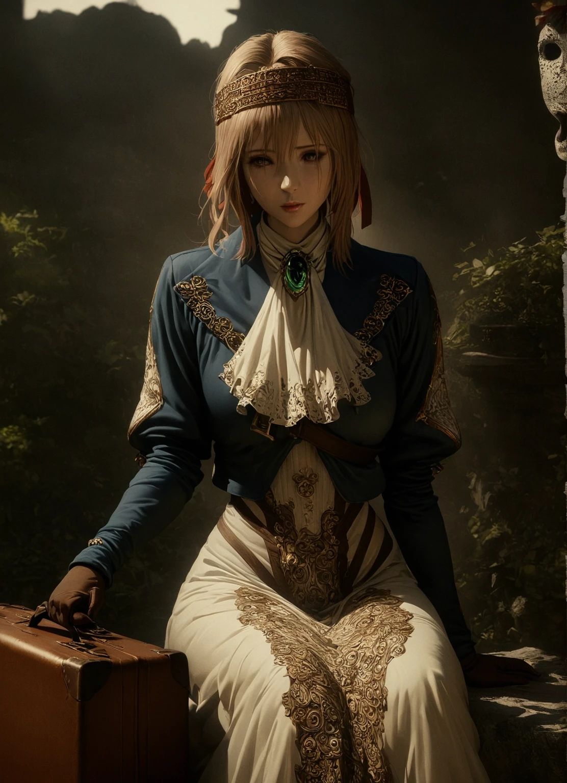 a highly detailed, beautiful, surreal portrait of a woman, featuring intricate, ornate clothing and accessories, including a woven headband, red ribbon, jewelry, a white ascot, a brooch, a blue jacket with long sleeves, brown gloves, a white dress with a long skirt, sitting outdoors holding a suitcase, masterpiece, best quality, 8k, hyperdetailed, photorealistic, dramatic lighting, cinematic composition, dark fantasy, haunting, ghostly