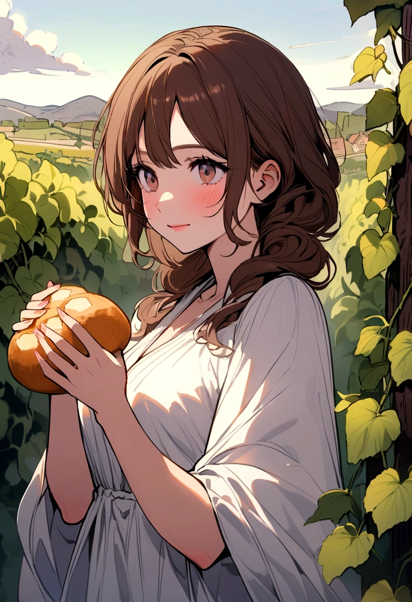 Beautiful brown haired woman , he likes to eat sweet bread in the background of a vineyard
