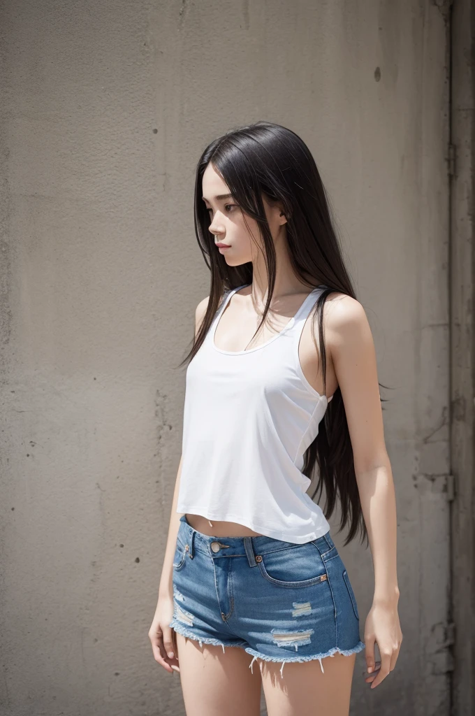 (work of art, best qualityer:1.2), 1 girl, standing alone,standing_to divide,
long hair, White sleeveless tank top,shorts jeans azul