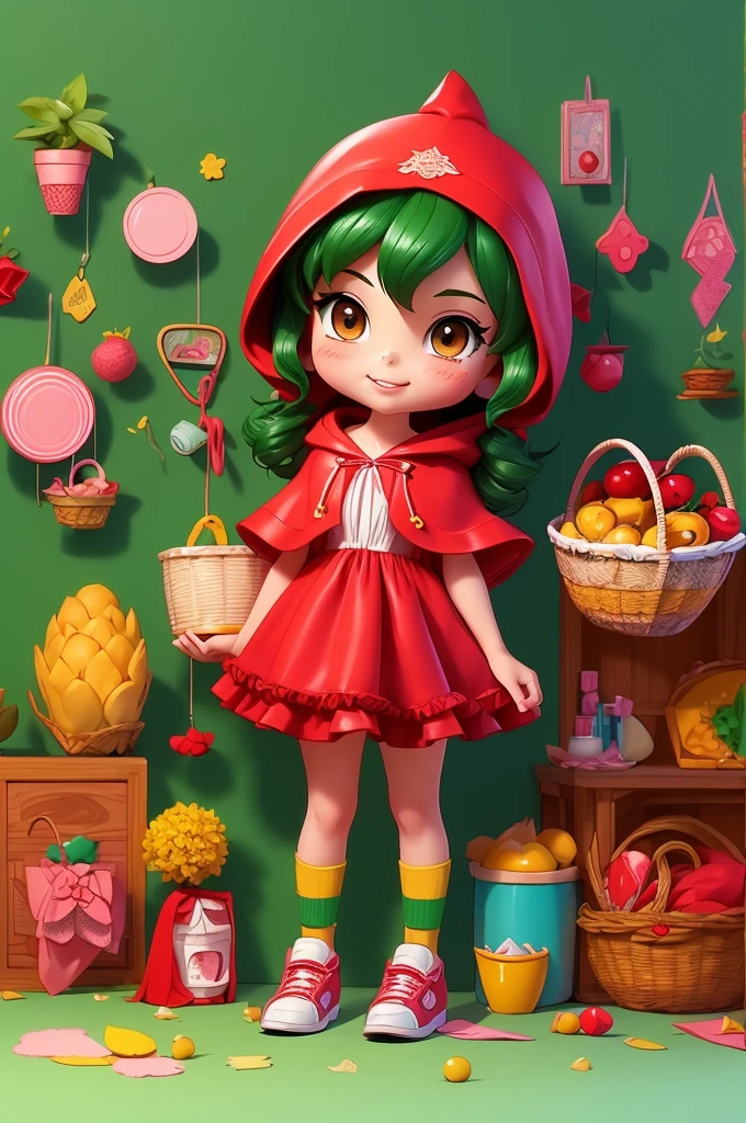 12-year-old girl, brown eyes with a red hooded cape and a green dress in a cartoon style mixed with anime. (Inspired by the character Little Red Riding Hood): she is talking to her mother who is wearing a simple pink dress, kitchen scene with a basket on the counter.
