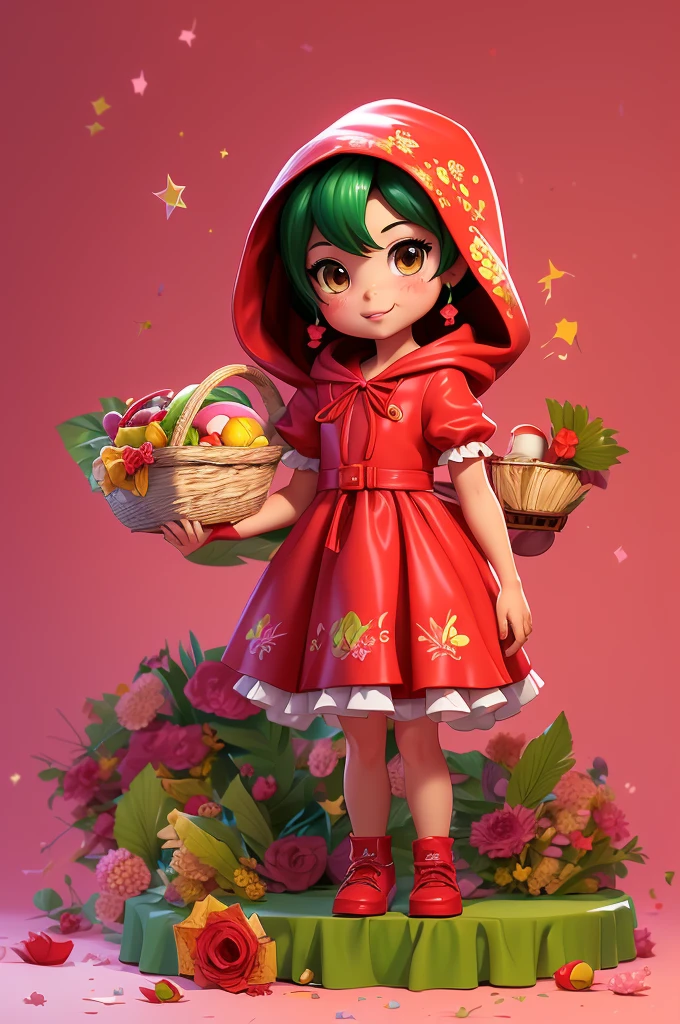 -yeld gi brown eyes with a red hooded cape and a green dress in a cartoon style mixed with anime. (Inspired by the character Little Red Riding Hood): she is talking to her mother who is wearing a simple pink dress, kitchen scene with a basket on the counter.