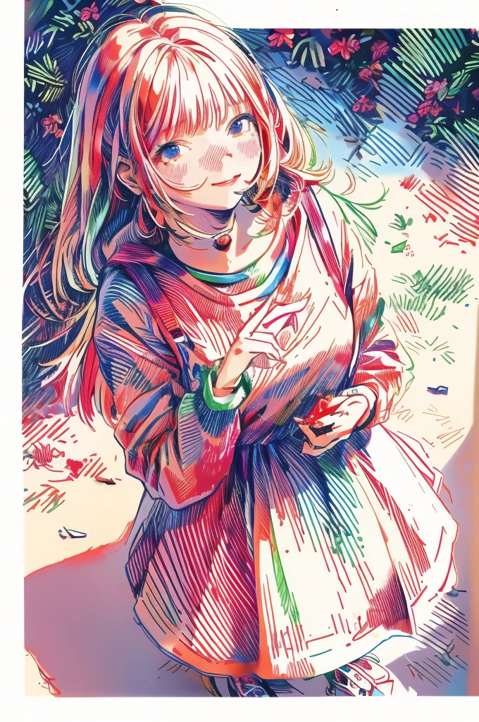 (masterpiece, best quality), 1girl, watercolor, lineart, rough sketch, RGB, chromatic aberration、On a bright red campus"YES"Character
