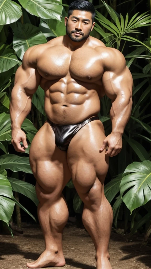 There is only one handsome Asian actor in the photo,35 years old,High target, Fitness,short hair, O-Shaped Beard,Perfect body, Dark skin color,Radiant Skin,Smooth skin,Muscle bulge, muscular, Very large pectoral muscles,Very sexy abdominal muscles,Very well-developed leg muscles,Huge concave and convex area,Brightens oily skin,Wearing a gold leather shiny thong,Handsome face, Correct and accurate male body proportions, Wear black socks,Stand in the rainforest,Lots of tropical flowers around。