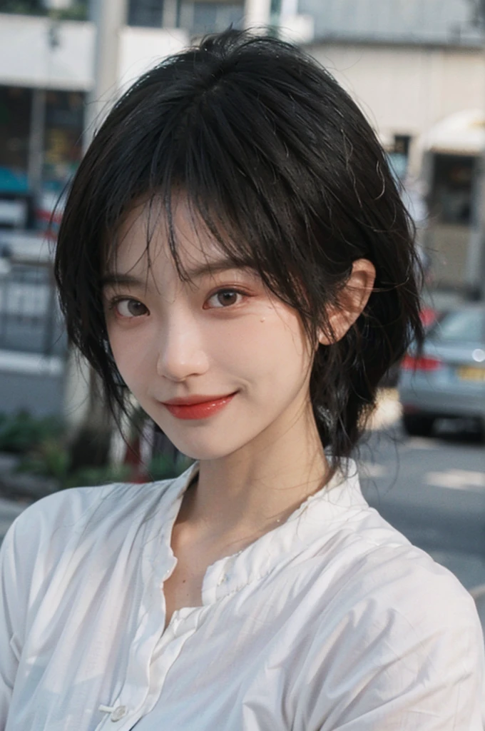 1 girl，short hair,Smile,serene, calm,White shirt，Moles under the eyes,Exquisite eyes, Delicate face,Lipstick,earrings,Hair details, (Large Breasts:1.0),outdoor,Seaside background，seaside，(Skin details:1.4),(Realistic and detailed eyes：1.2）, Natural skin texture, Realistic facial details,Close-up of face,Portrait Photography,(Portrait Photography:1.1), (smooth skin textures:1.3), (Highest quality real skin textures:1.4), Direct vision,Soft dramatic lighting, Vivid details, 35 mm film, (Photo Practical:1.4), (hyper Practical:1.4), (Practical:1.3), (Smoother lighting:1.05), (Improve lighting quality:0.9), (Enhance the beauty of skin texture:1.1), Depth of Field, Bokeh, Surrealism, Ray Tracing, ( Surrealism, High Detail, Chiaroscuro, Ray Tracing, reflected light, Ultra HD, Ultra HD, masterpiece, Textured Skin, Super Detail, High Detail, high quality, best quality