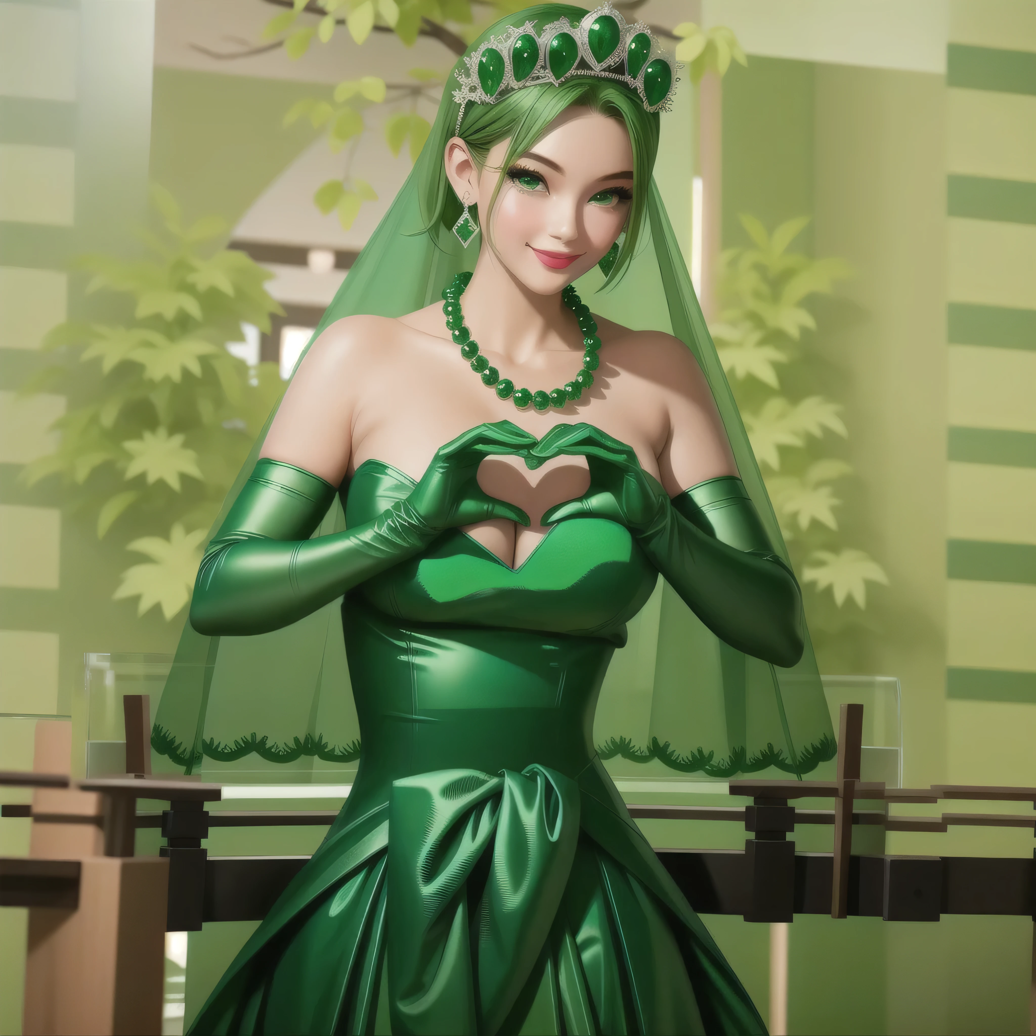 emerald tiara, Green Pearl Necklace, Boyish very short green hair, Green Lips, Smiling Japanese woman, Very short hair, Busty beautiful lady, Green Eyes, Green satin long gloves, Green Eyes, Emerald Earrings, Green veil, Heart with both hands, Green Hair, Beautiful Japanese Woman, Heart shaped hands:1.3, green lip gloss