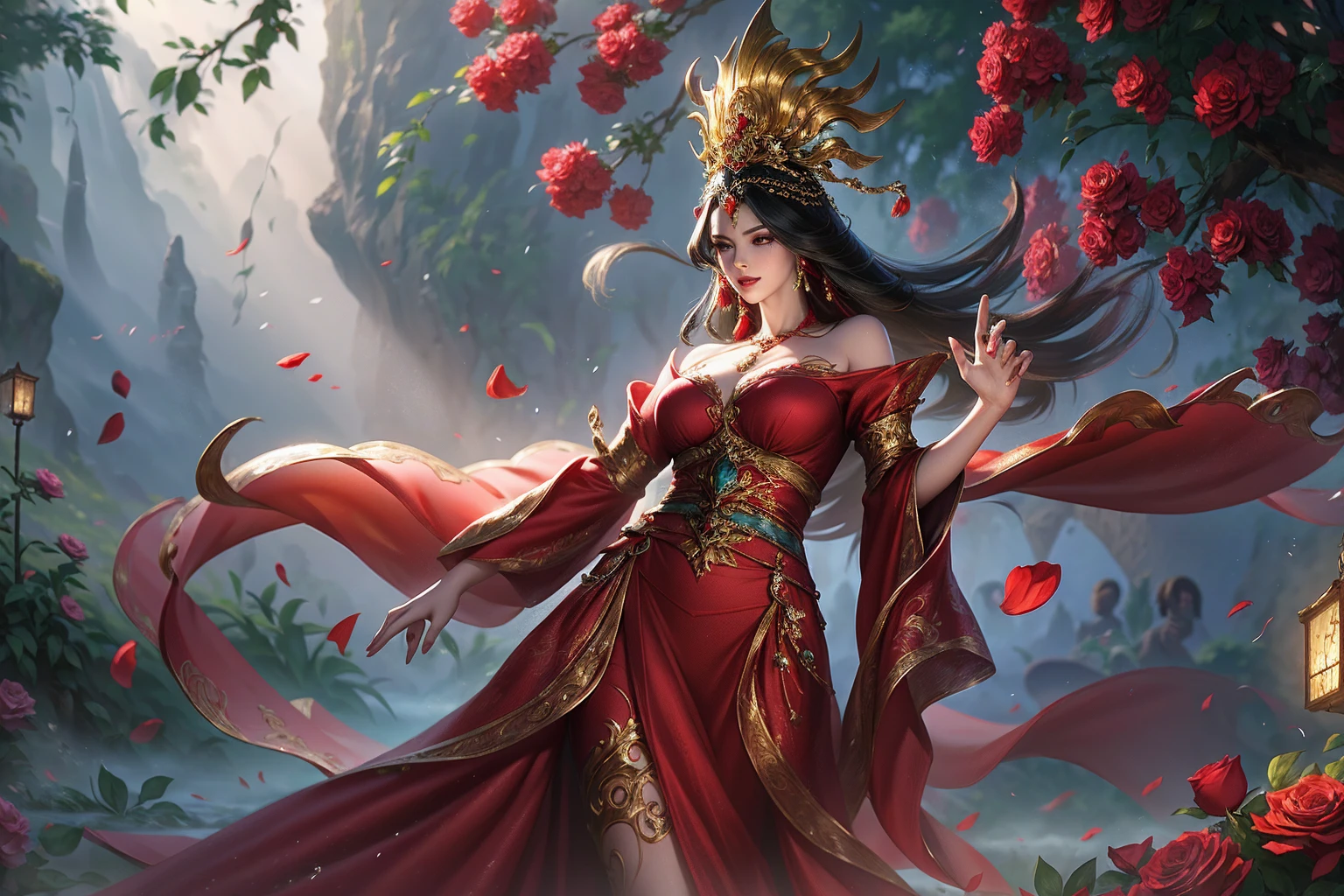 A beautiful gypsy woman with long black hair, wearing a long red dress adorned with intricate details of red roses, standing in a lush garden setting, (best quality,4k,8k,highres,masterpiece:1.2),ultra-detailed,(realistic,photorealistic,photo-realistic:1.37),portrait,cinematic lighting,dramatic chiaroscuro,vibrant colors,intricate details,elegant,graceful,cinematic composition