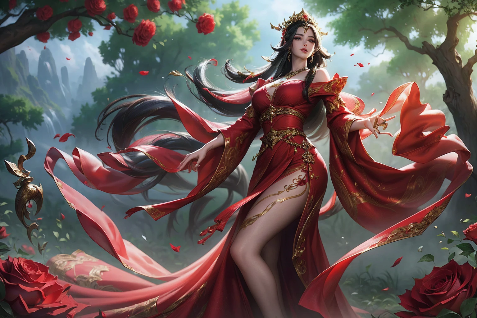 A beautiful gypsy woman with long black hair, wearing a long red dress adorned with intricate details of red roses, standing in a lush garden setting, (best quality,4k,8k,highres,masterpiece:1.2),ultra-detailed,(realistic,photorealistic,photo-realistic:1.37),portrait,cinematic lighting,dramatic chiaroscuro,vibrant colors,intricate details,elegant,graceful,cinematic composition