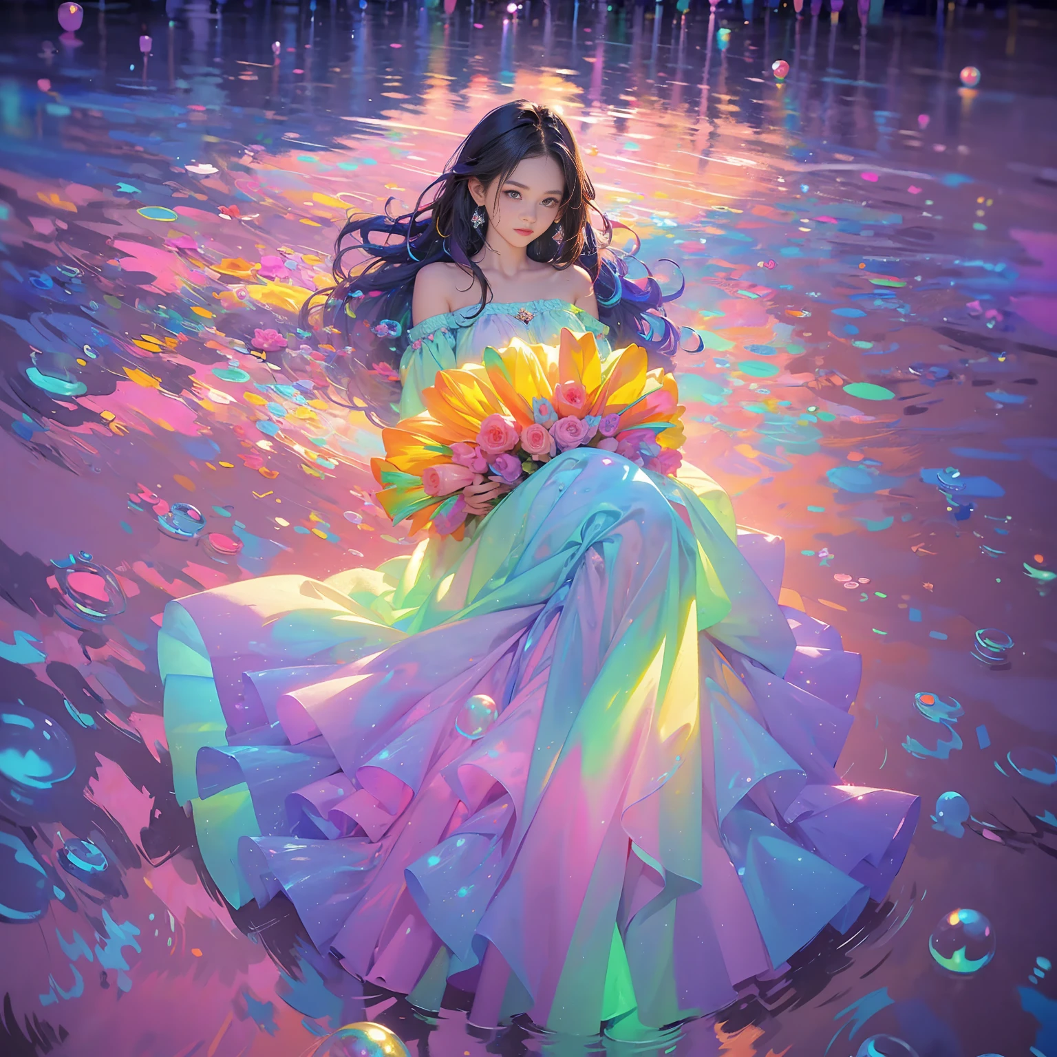 masterpiece, Highest quality, Intricate details, Excellent anatomy、beautiful girl, Sparkling eyes, Otherworldly liquid fantasy background, watercolor, Bright and vibrant colors, Whimsical, colorful, Layered tiered puffy long sleeve ball gown, ((Rainbow bubbles))